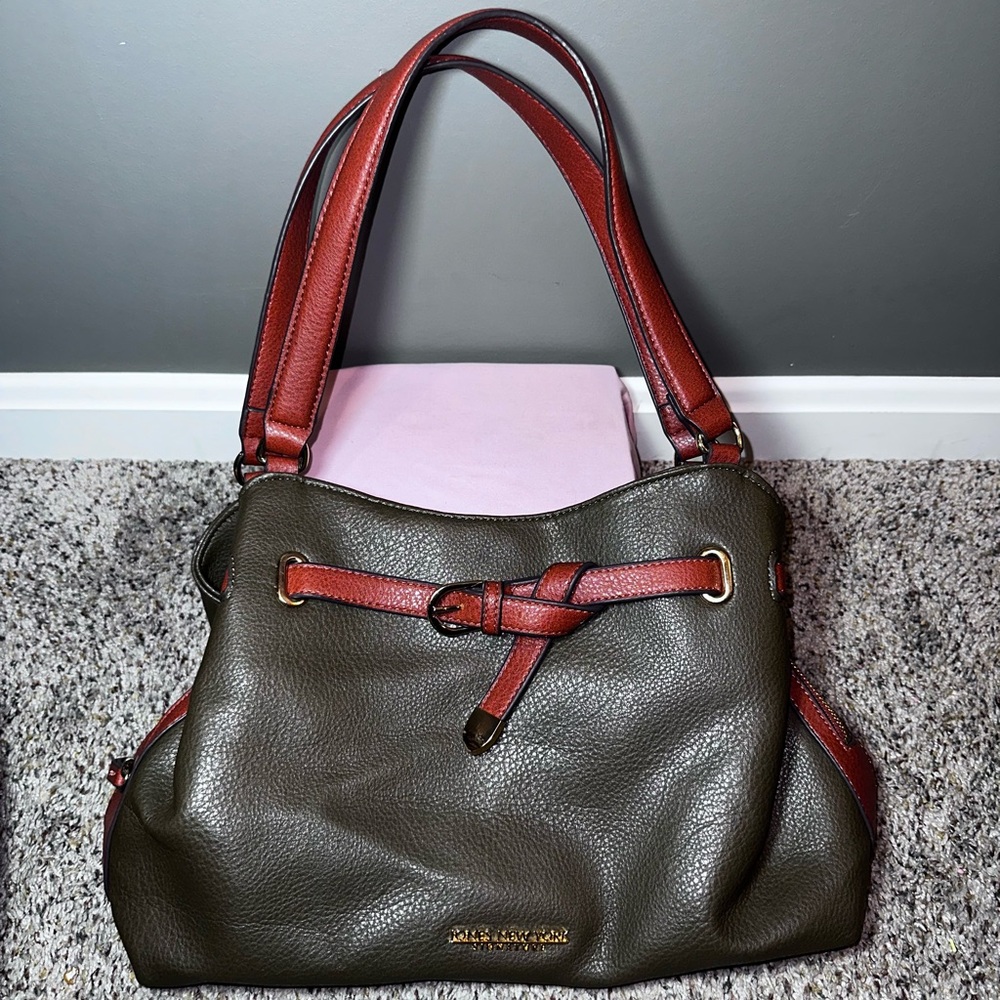Jones New York Signature Olive Green Satchel Shoulder Bag Brown Trim